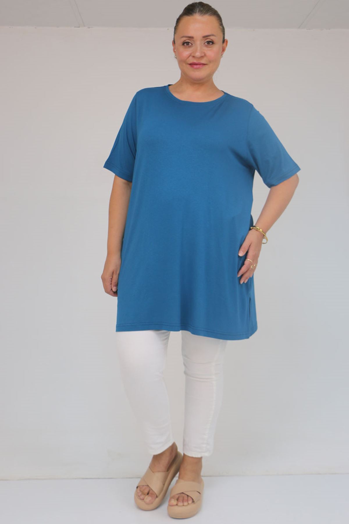 58507 Büyük Beden Yakası Biyeli Penye Tişört - Petrol