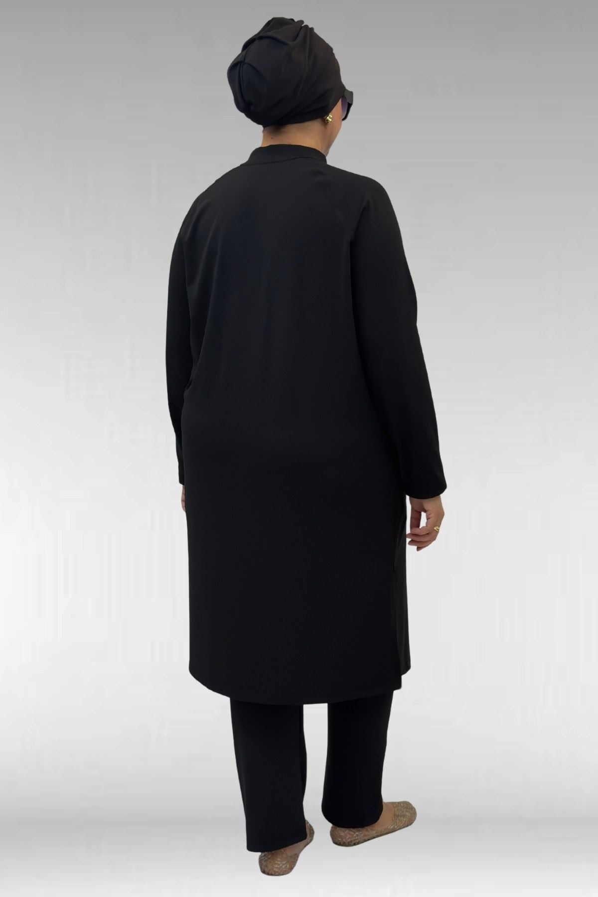 1733 Büyük Beden Fermuarlı Tesettür Mayo - Siyah