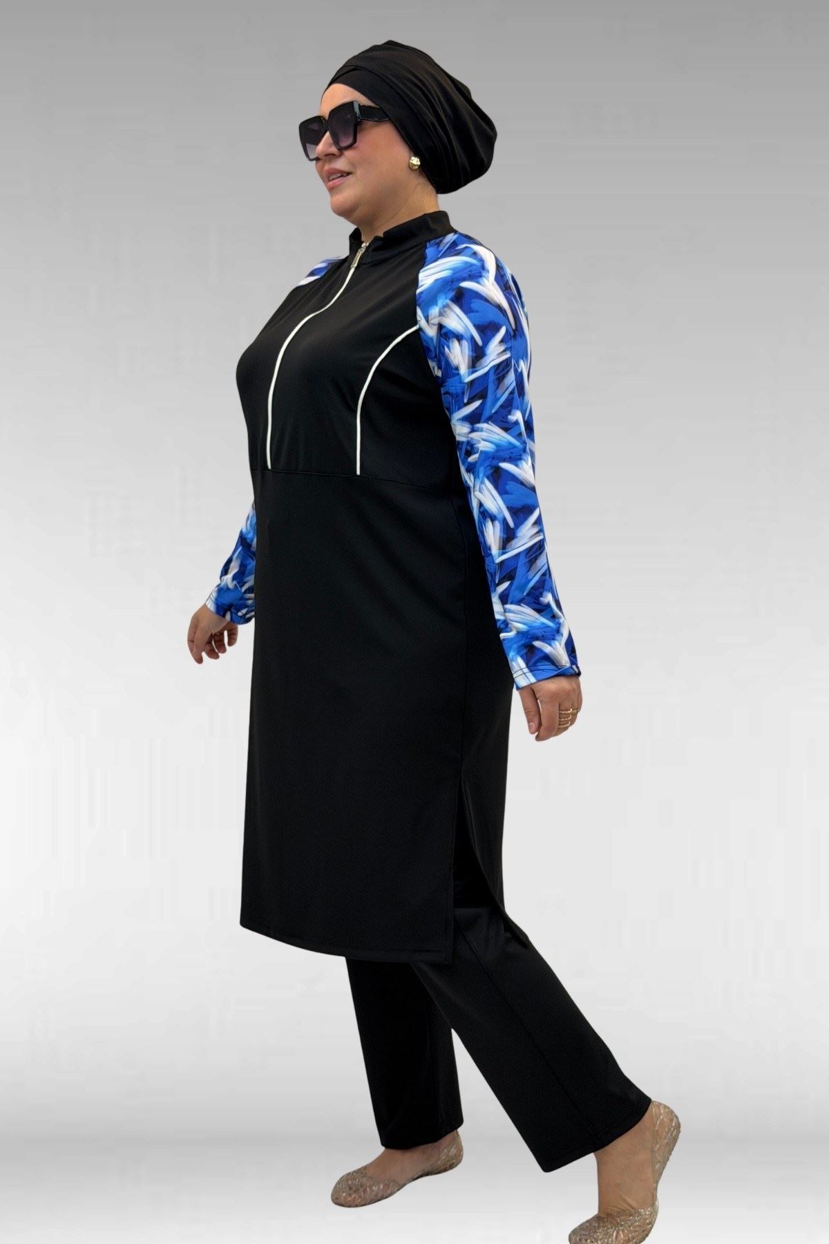 1733 Büyük Beden Fermuarlı Tesettür Mayo - Fırça Desen Saks-Siyah