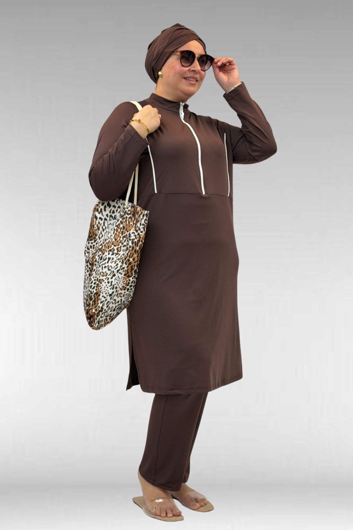 1733 Büyük Beden Fermuarlı Tesettür Mayo - Kahve