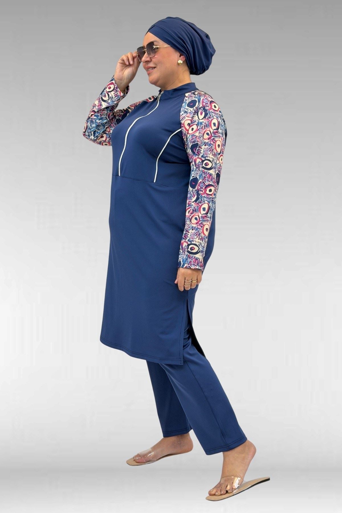 1733 Büyük Beden Fermuarlı Tesettür Mayo - Göz Desen İndigo-İndigo