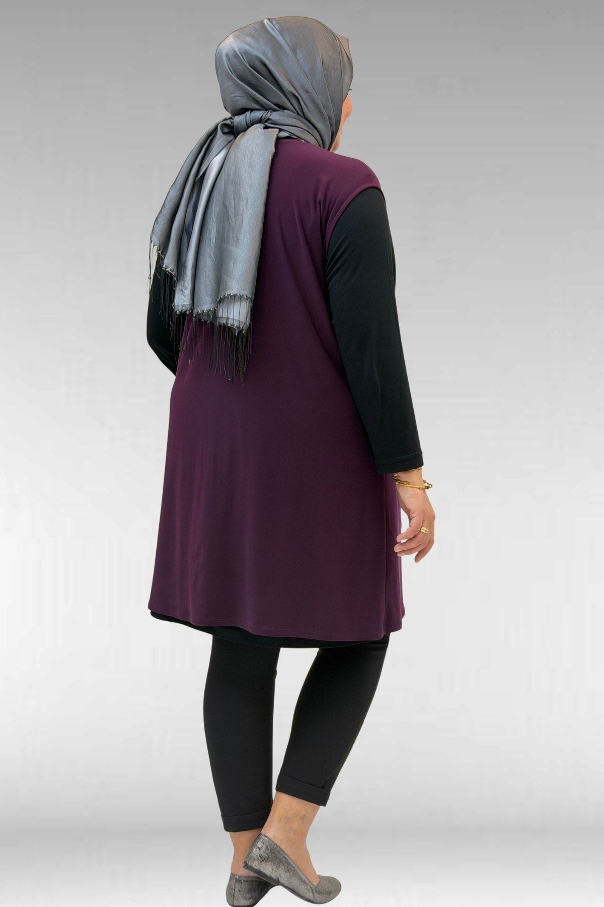 D-44001 Büyük Beden Önü Taş Detaylı Sandy Defolu Yelek - Mürdüm