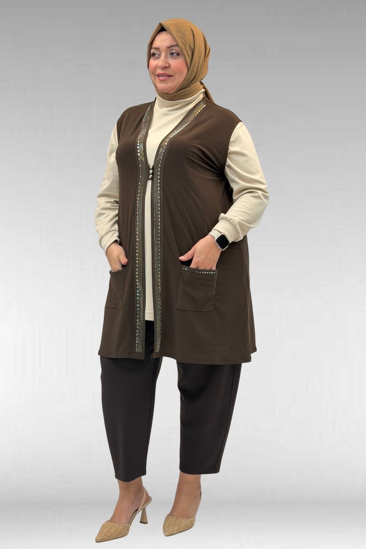 D-44001 Büyük Beden Önü Taş Detaylı Sandy Defolu Yelek - Kahve