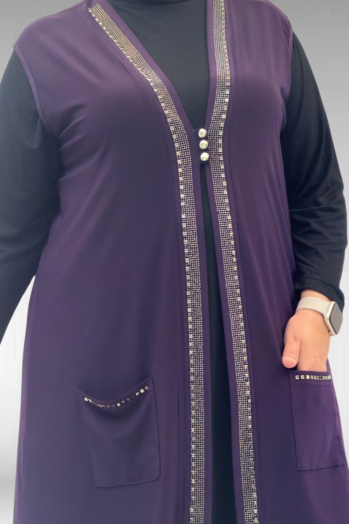 D-44001 Büyük Beden Önü Taş Detaylı Sandy Defolu Yelek - Mor