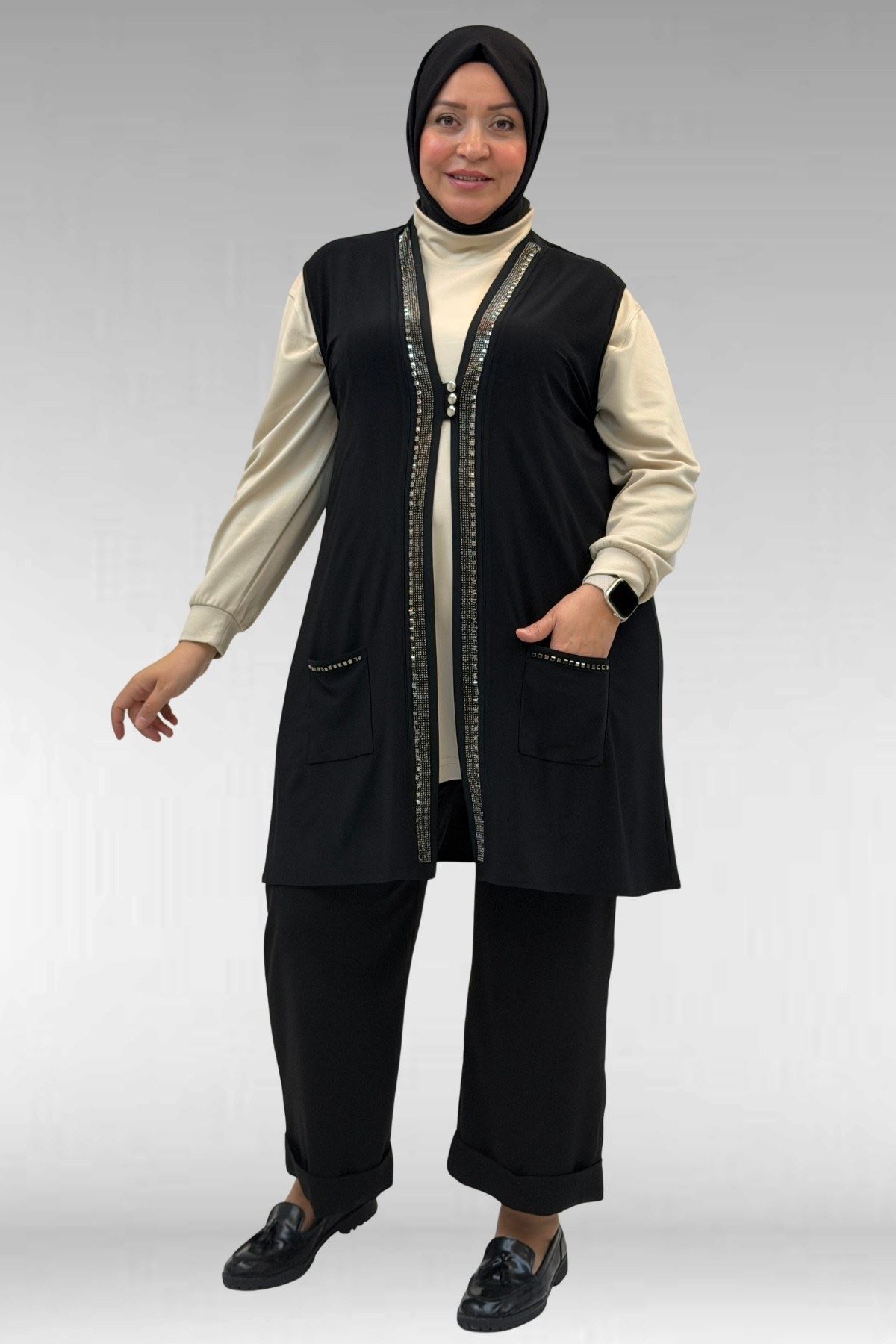 44001 Büyük Beden Önü Taş Detaylı Sandy Yelek - Siyah