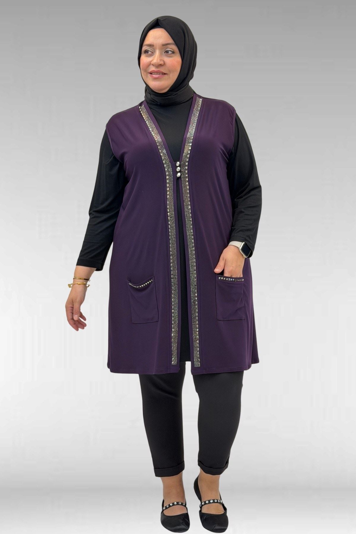 D-44001 Büyük Beden Önü Taş Detaylı Sandy Defolu Yelek - Mor