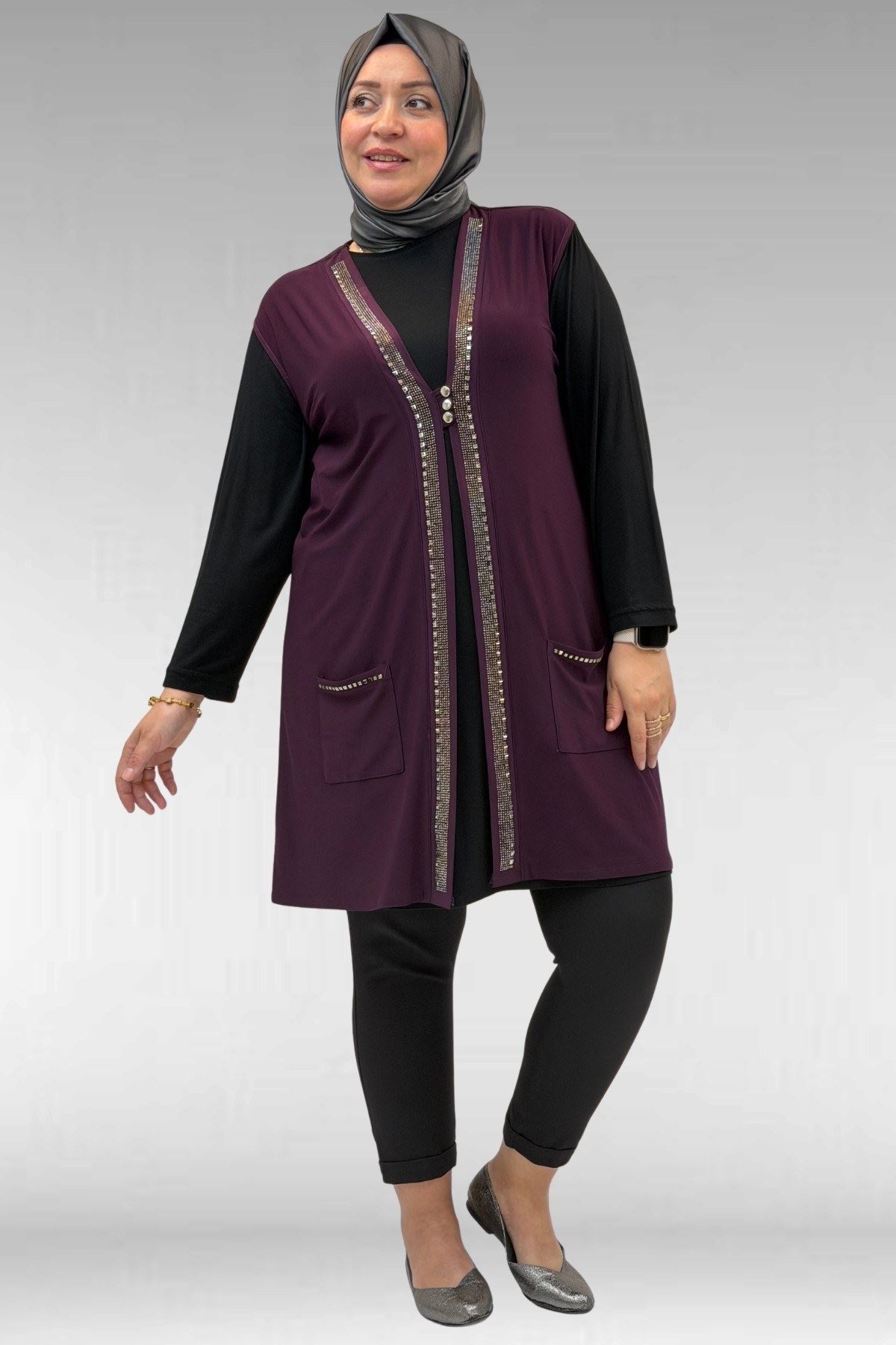 D-44001 Büyük Beden Önü Taş Detaylı Sandy Defolu Yelek - Mürdüm