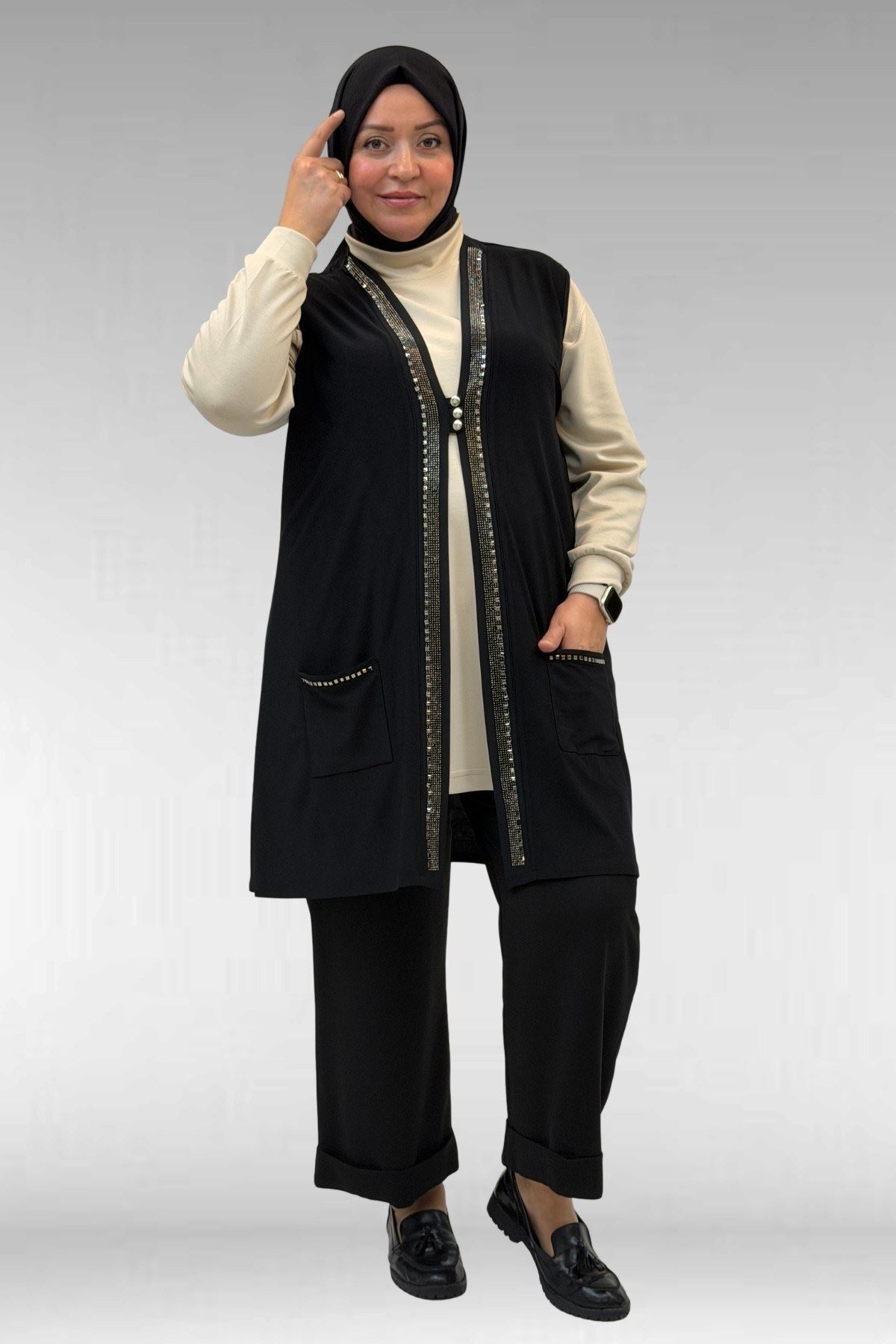 44001 Büyük Beden Önü Taş Detaylı Sandy Yelek - Siyah