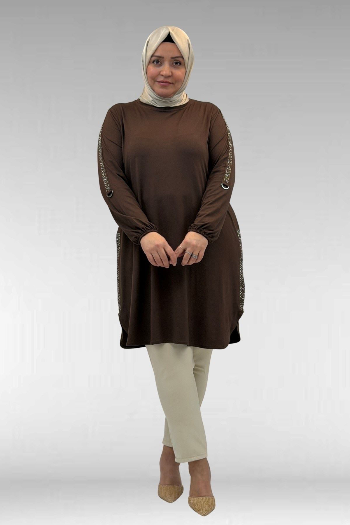 68016 Büyük Beden Yanları Taş Detaylı Penye Tunik - Kahve