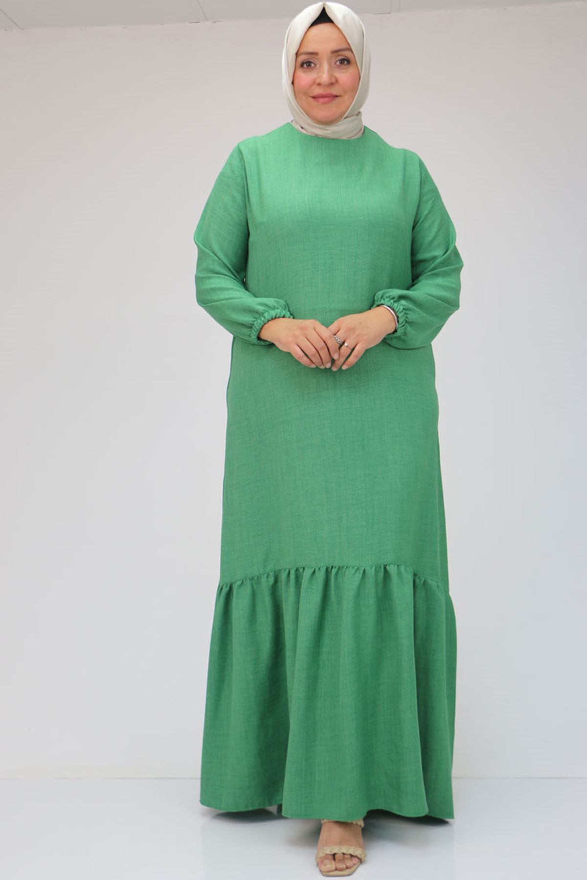 42027 Büyük Beden Eteği Büzgülü  Keten Elbise - Haki