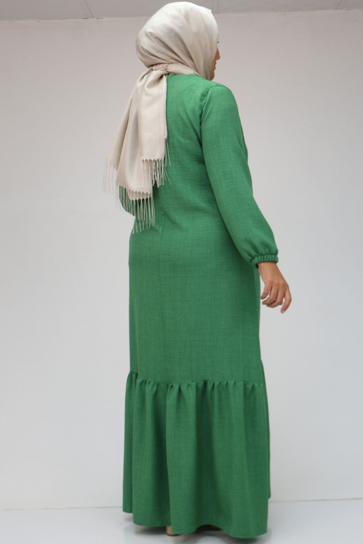 42027 Büyük Beden Eteği Büzgülü  Keten Elbise - Haki