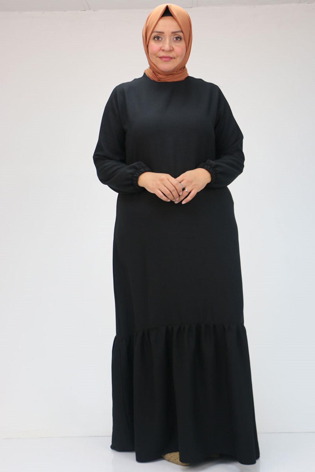 42027 Büyük Beden Eteği Büzgülü  Keten Elbise - Siyah