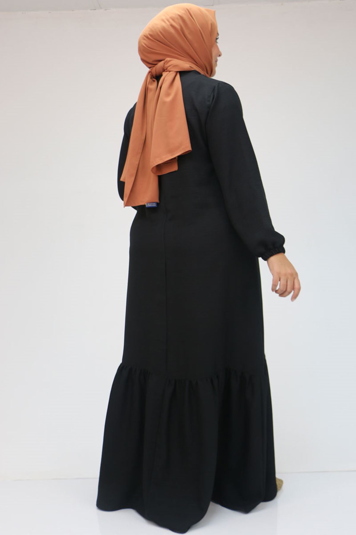 42027 Büyük Beden Eteği Büzgülü  Keten Elbise - Siyah