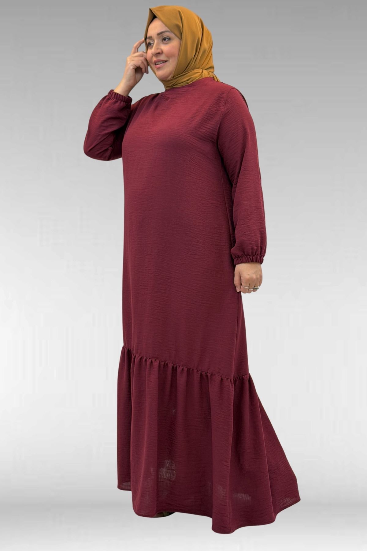 42027 Büyük Beden Eteği Büzgülü  Keten Elbise - Bordo