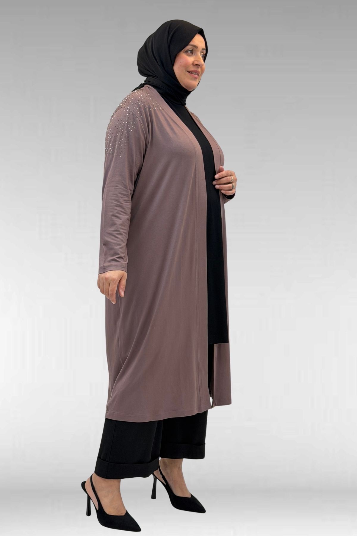 53069 Büyük Beden Omzu Taş Detaylı Penye Ceket - Vizon