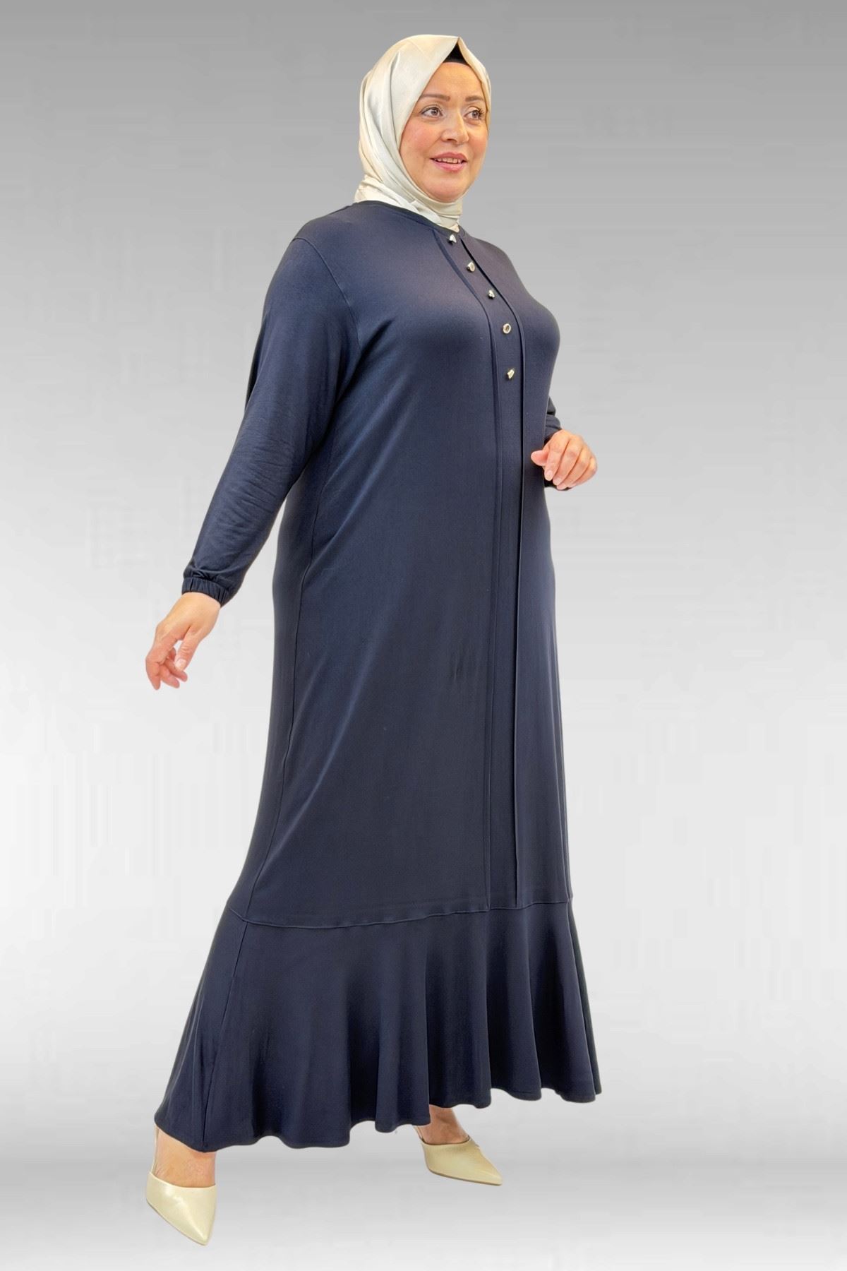 62006 Büyük Beden Önü Çıma Detaylı Penye Elbise - Koyu Lacivert