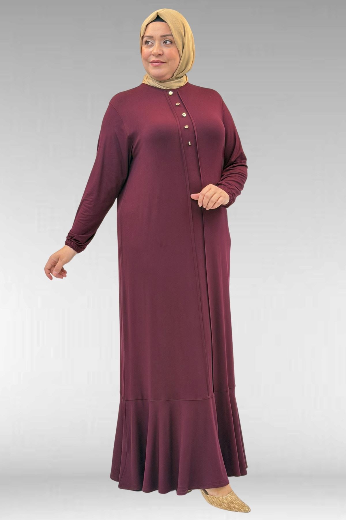 62006 Büyük Beden Önü Çıma Detaylı Penye Elbise - Bordo