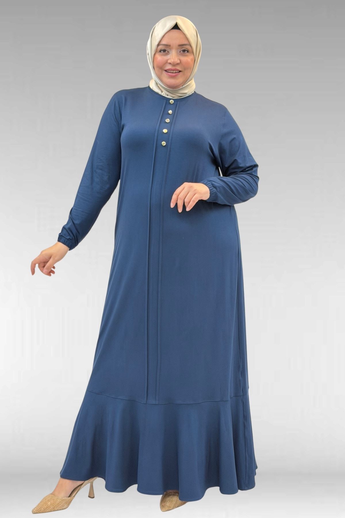 62006 Büyük Beden Önü Çıma Detaylı Penye Elbise - Petrol