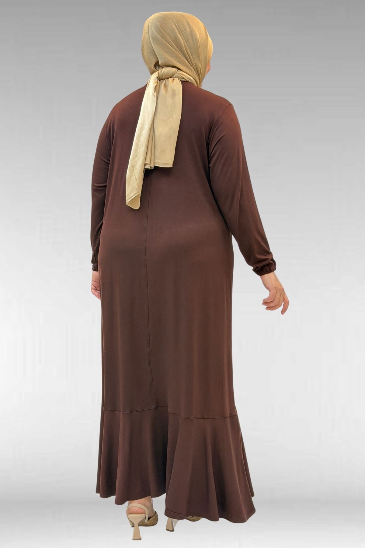 62006 Büyük Beden Önü Çıma Detaylı Penye Elbise - Kahve