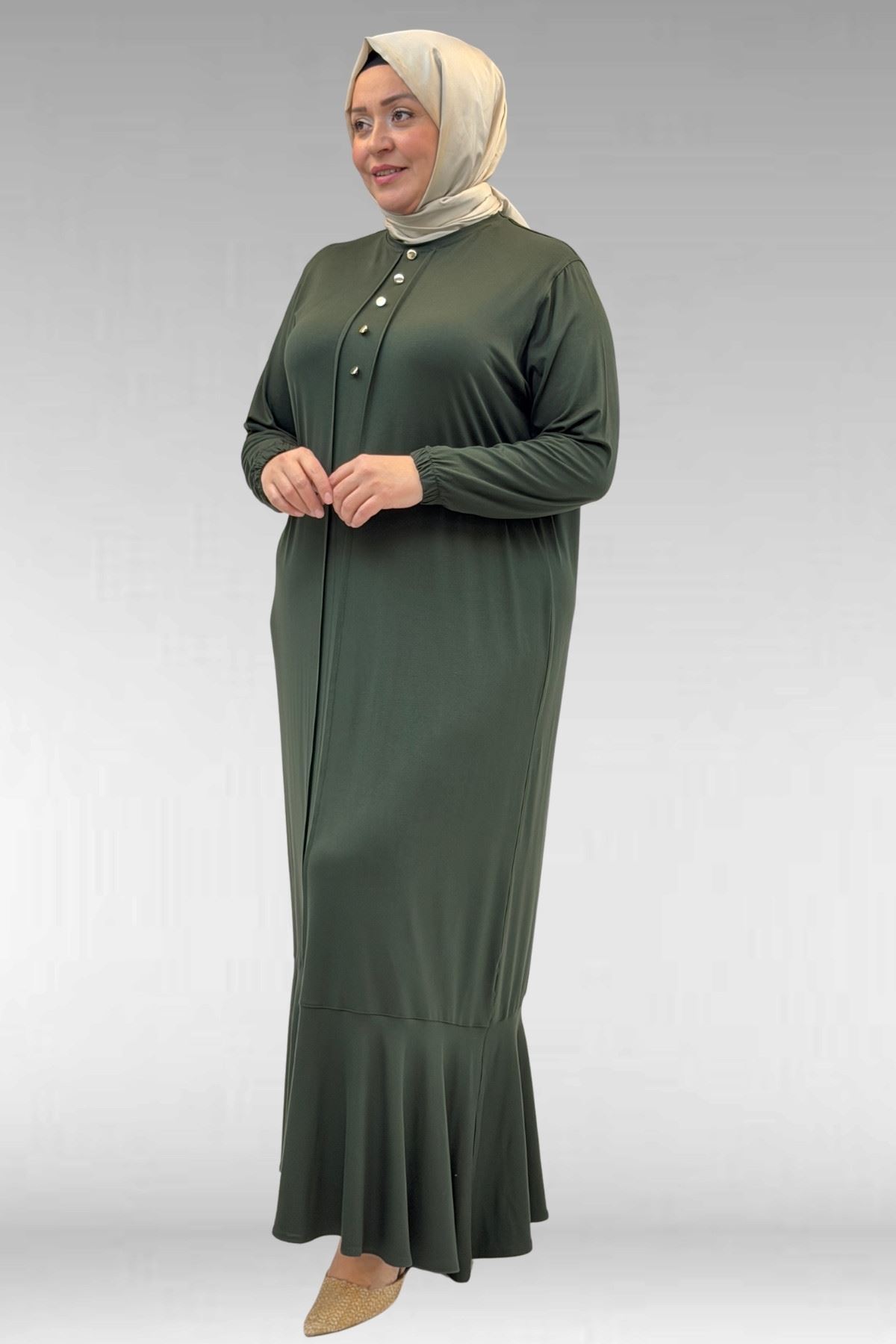 62006 Büyük Beden Önü Çıma Detaylı Penye Elbise - Haki