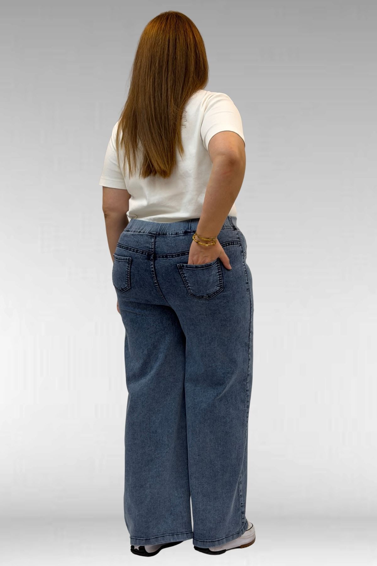 9182-10 Büyük Beden Bolpaça Beli Lastikli Kot Pantolon - Kar Yıkama Lacivert