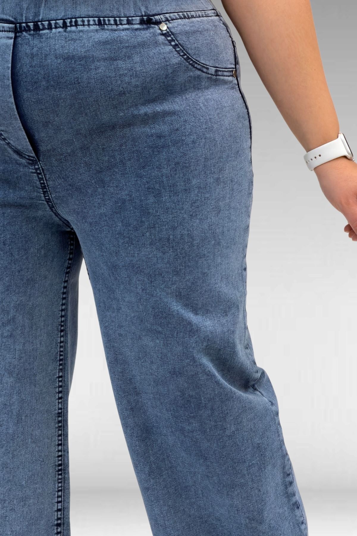 9182-10 Büyük Beden Bolpaça Beli Lastikli Kot Pantolon - Kar Yıkama Lacivert