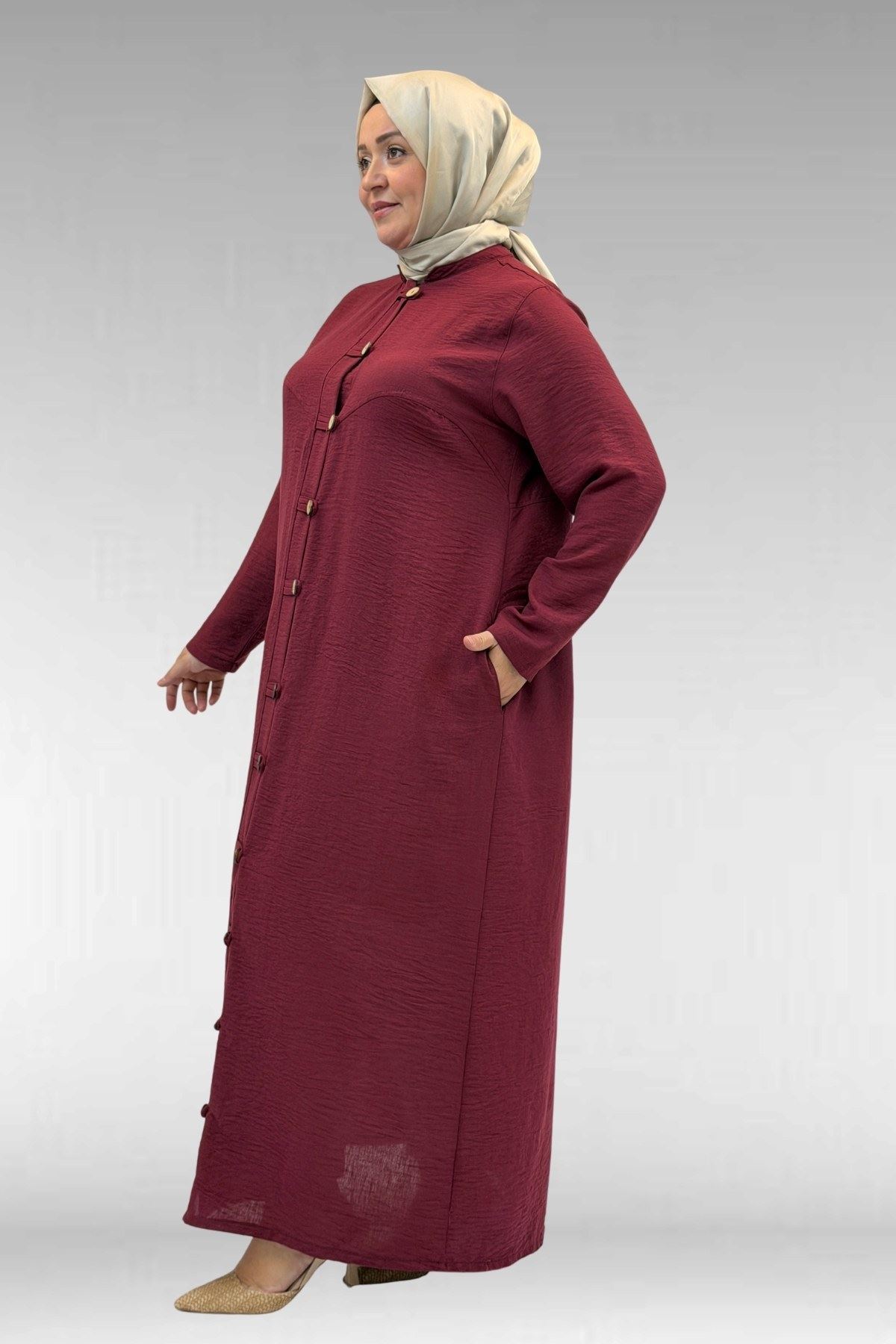 66003 Büyük Beden Boydan Düğmeli Keten Ferace - Bordo