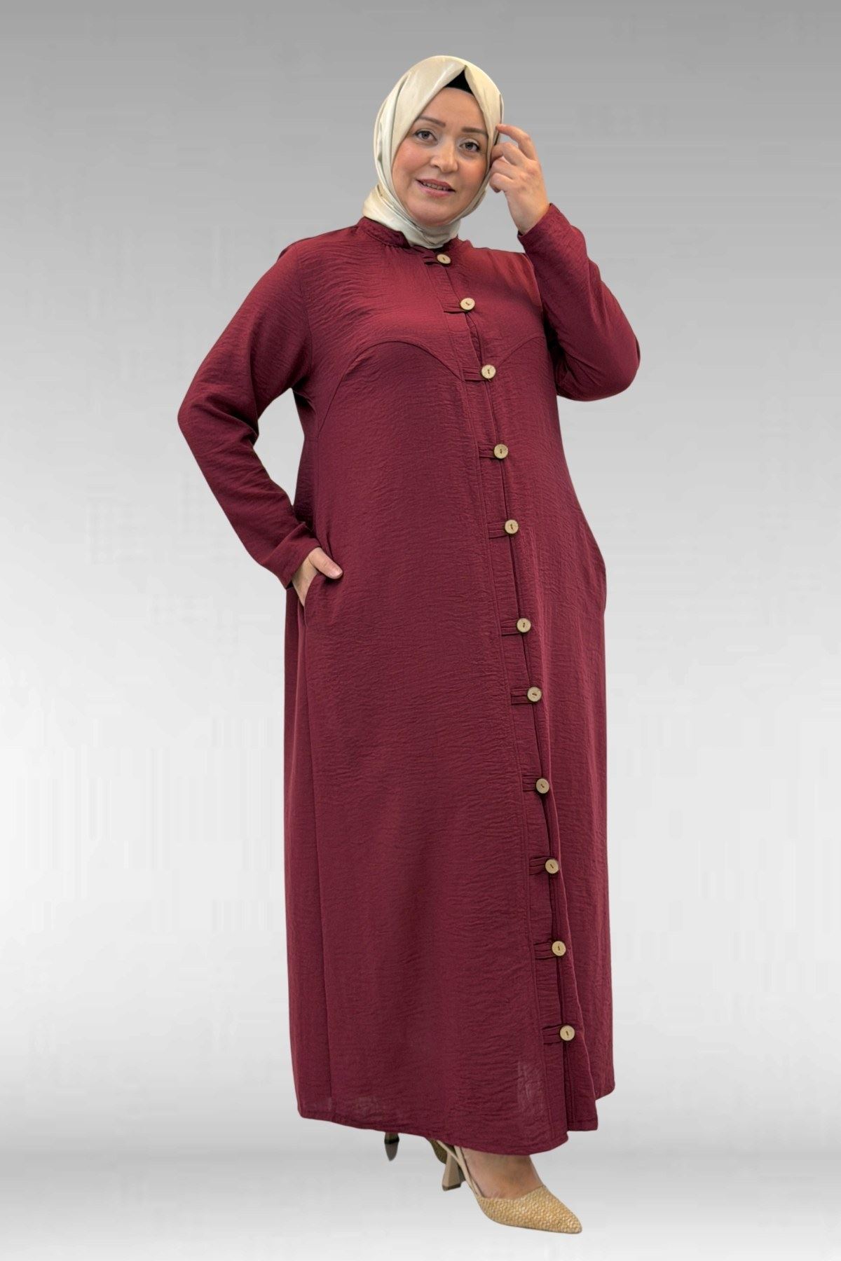 66003 Büyük Beden Boydan Düğmeli Keten Ferace - Bordo