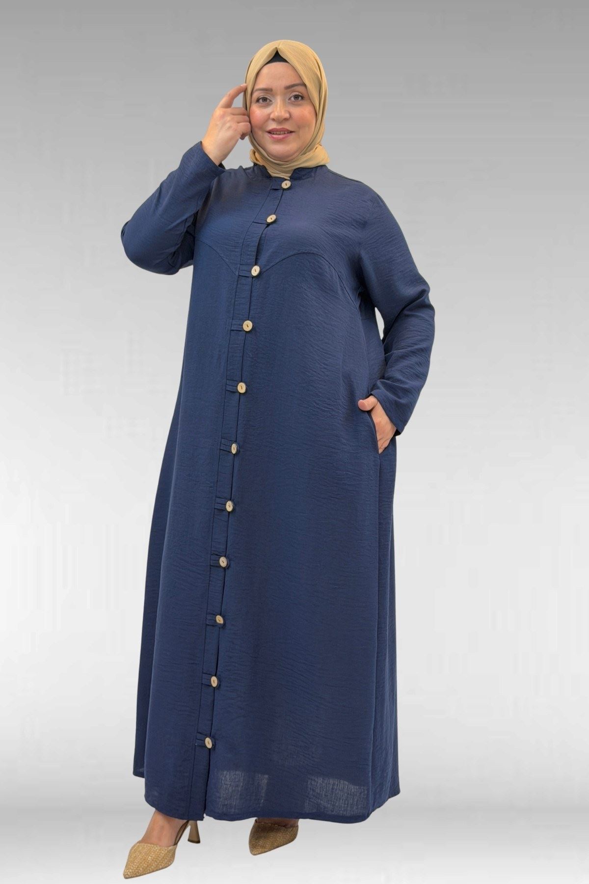 66003 Büyük Beden Boydan Düğmeli Keten Ferace - Lacivert