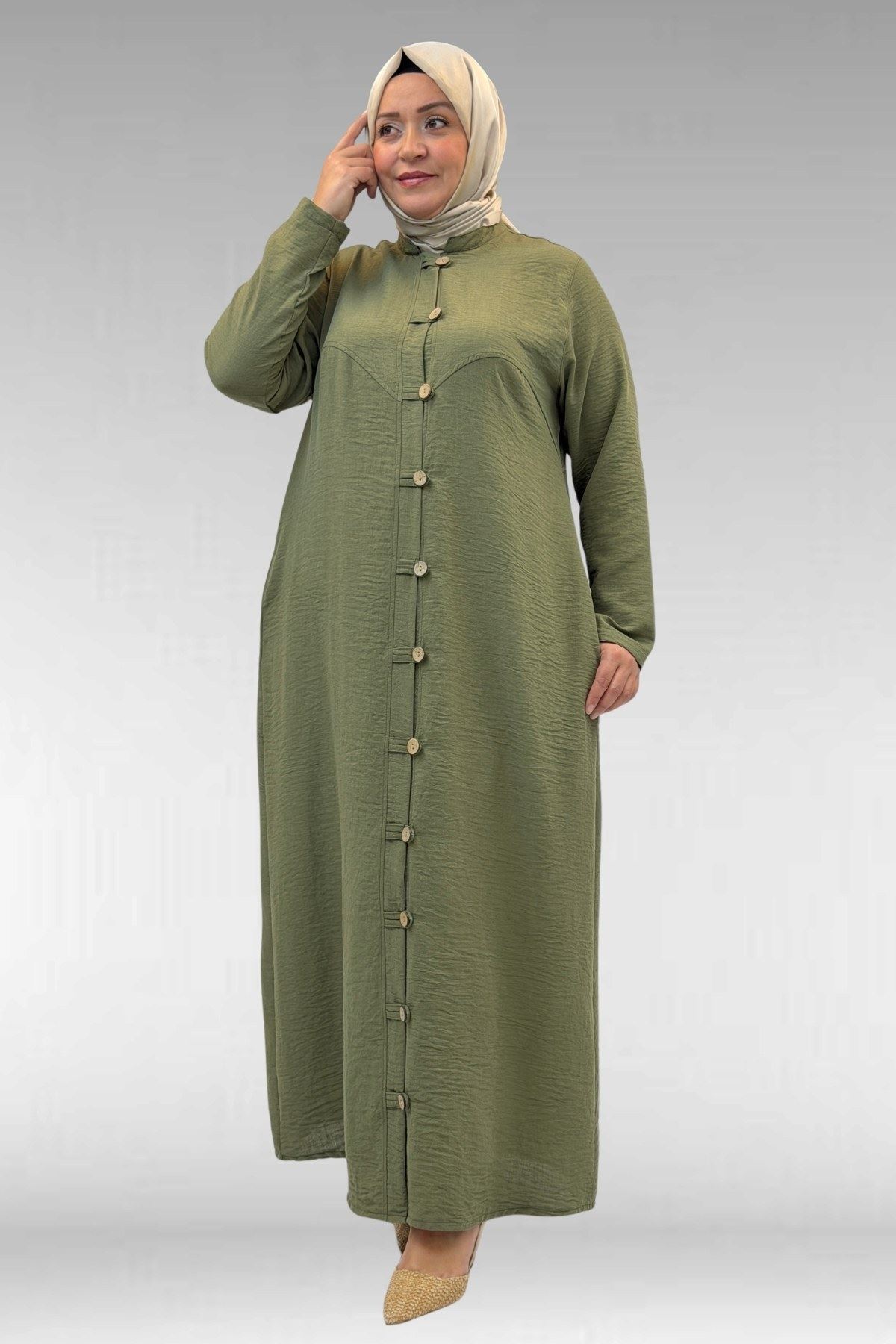 66003 Büyük Beden Boydan Düğmeli Keten Ferace - Haki