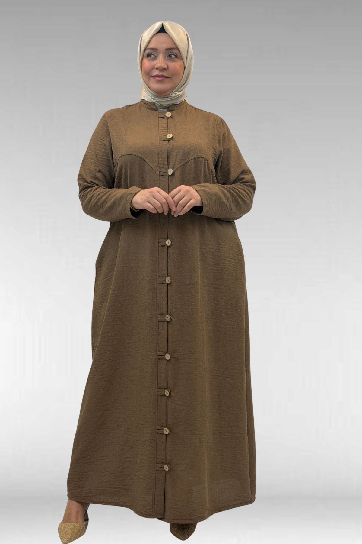 66003 Büyük Beden Boydan Düğmeli Keten Ferace - Vizon