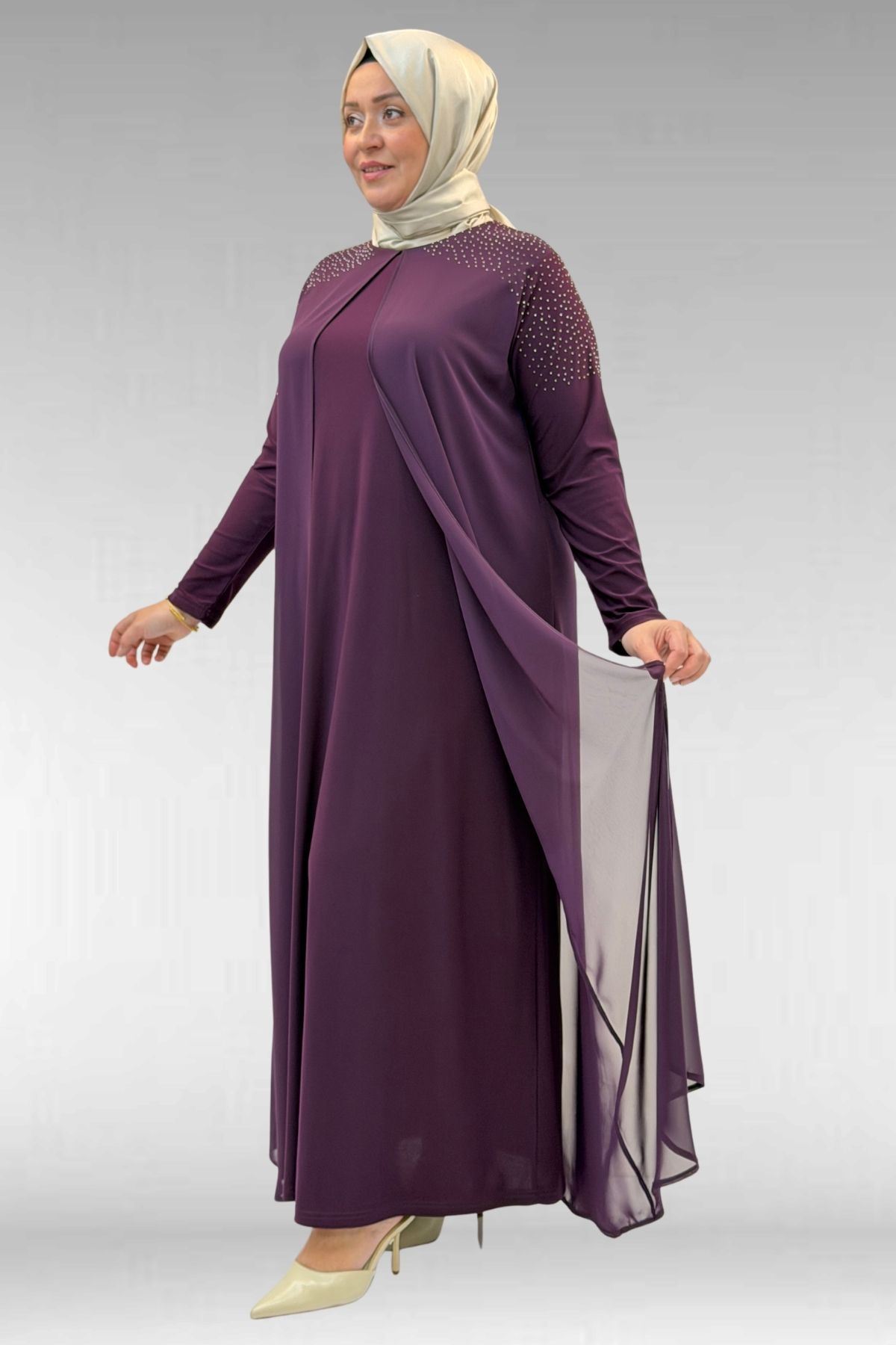 42003 Büyük Beden Taş Detaylı Sandy-Şifon Elbise - Mürdüm