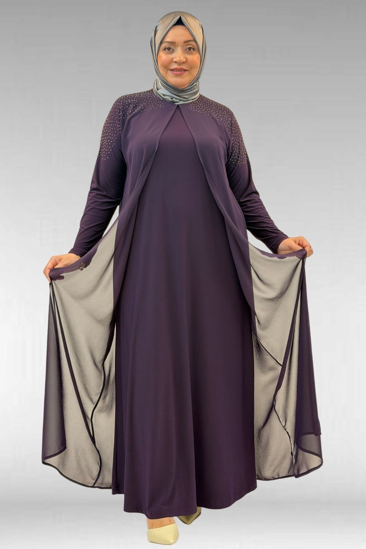 42003 Büyük Beden Taş Detaylı Sandy-Şifon Elbise - Mor