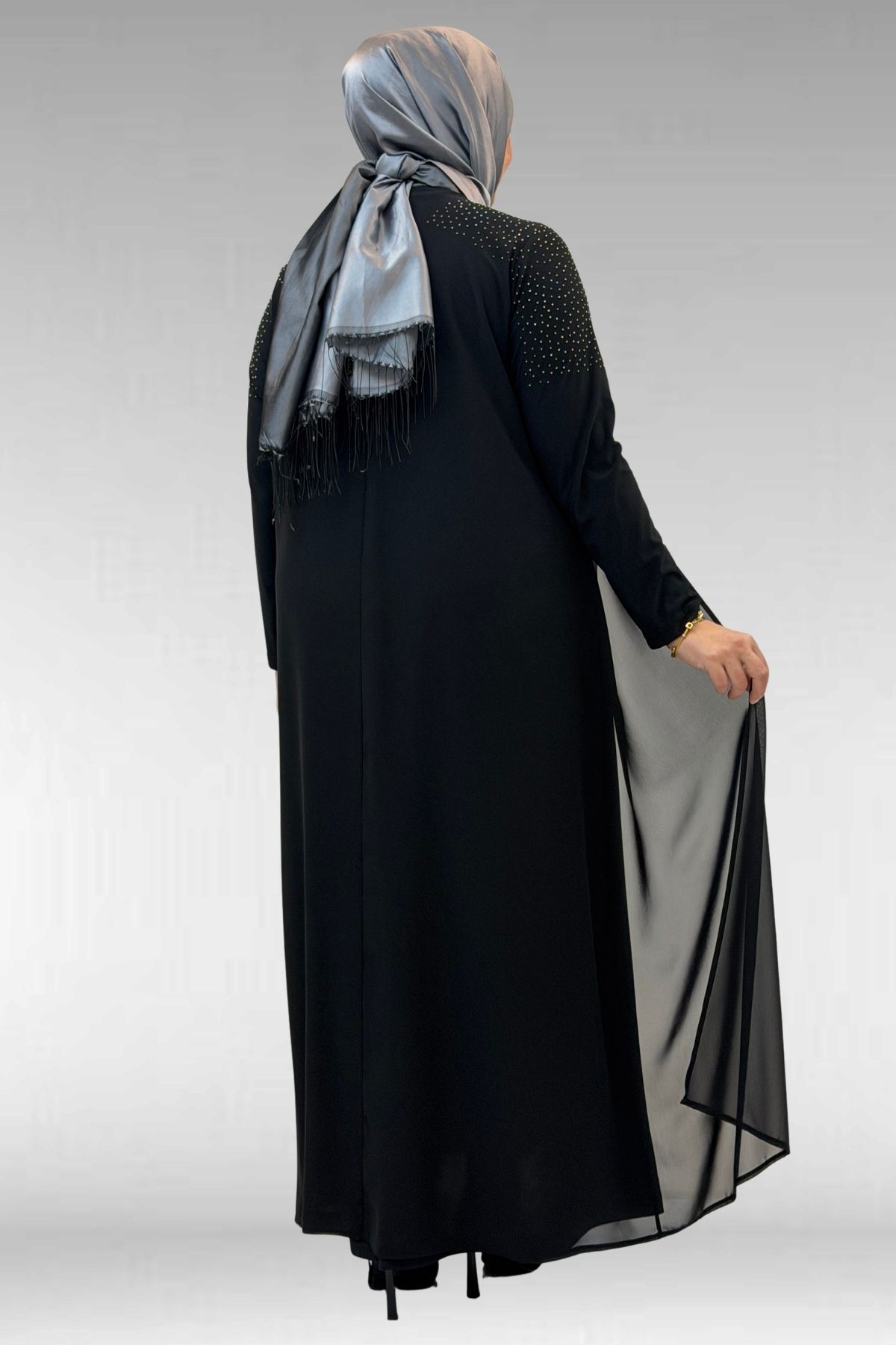 42003 Büyük Beden Taş Detaylı Sandy-Şifon Elbise - Siyah