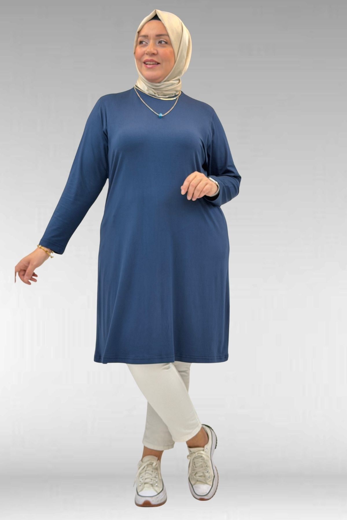 38501 Büyük Beden Basic Penye Tunik - İndigo