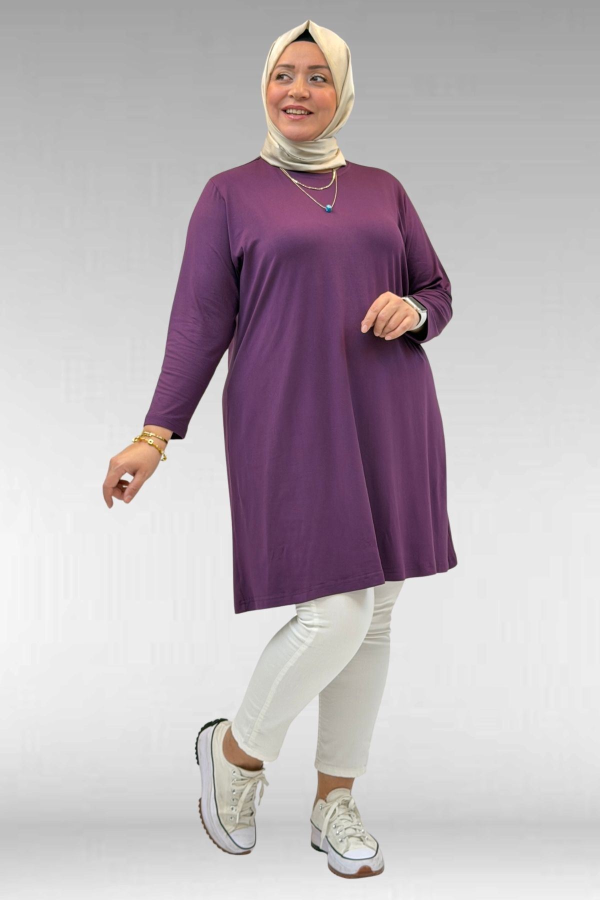 38501 Büyük Beden Basic Penye Tunik -Mürdüm