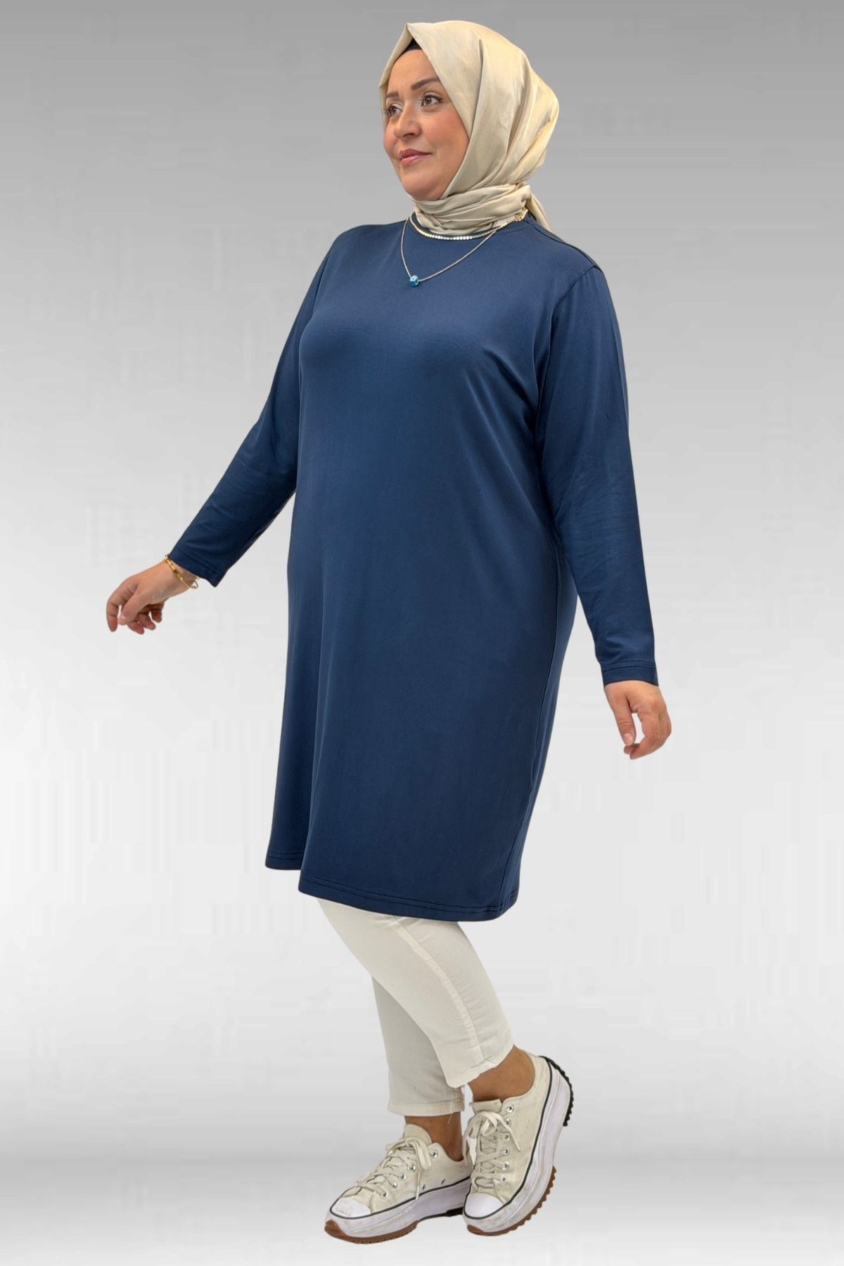 38501 Büyük Beden Basic Penye Tunik - İndigo