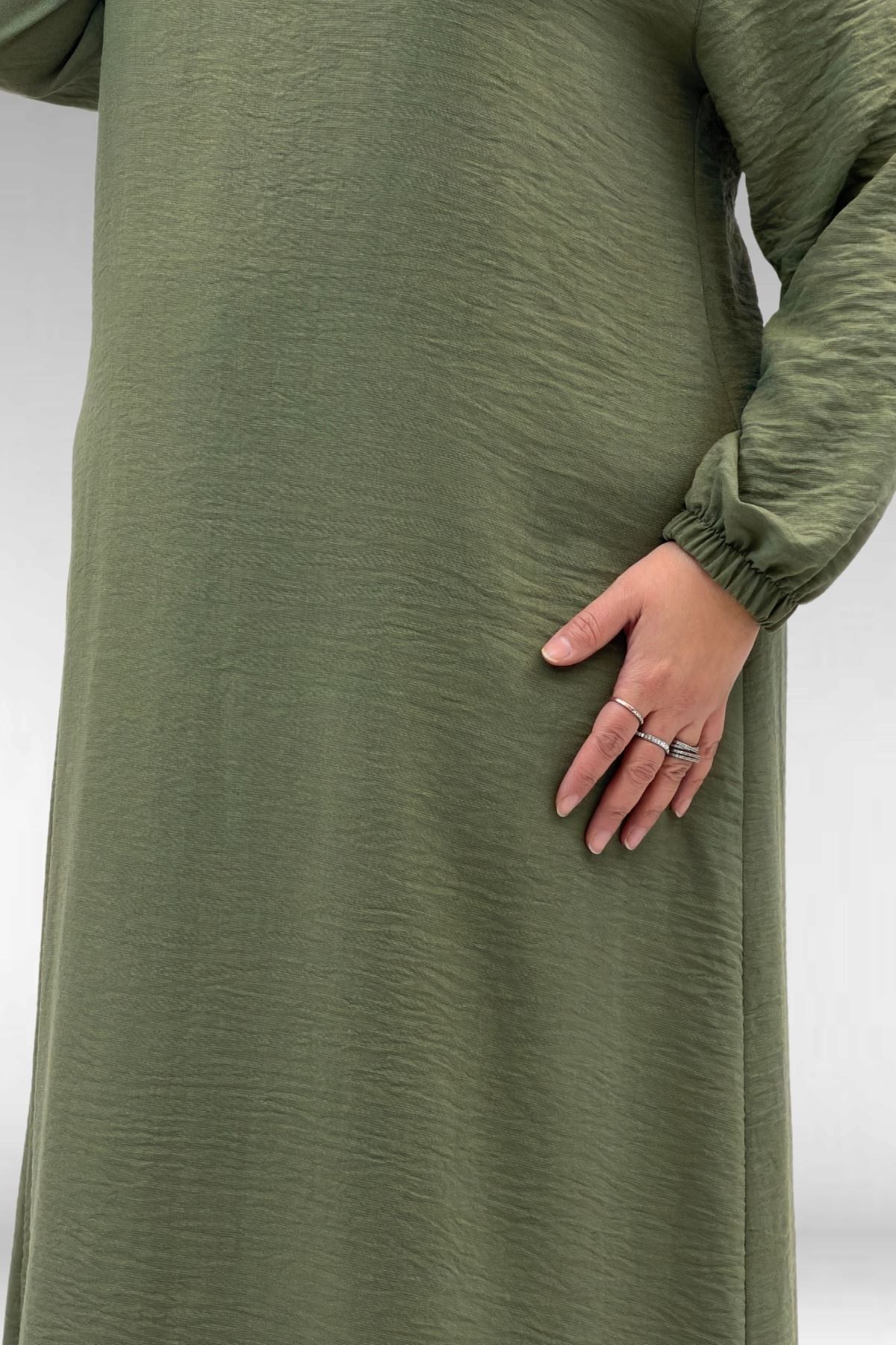 62007 Büyük Beden Kolu Lastikli Elbise - Haki