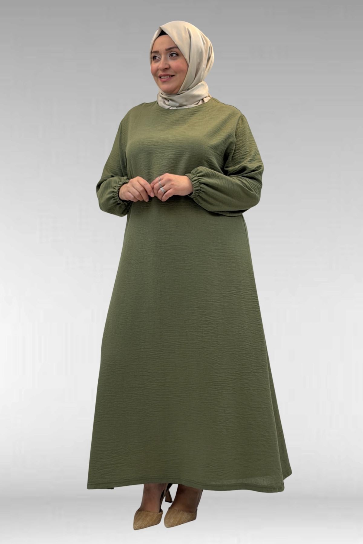 62007 Büyük Beden Kolu Lastikli Elbise - Haki