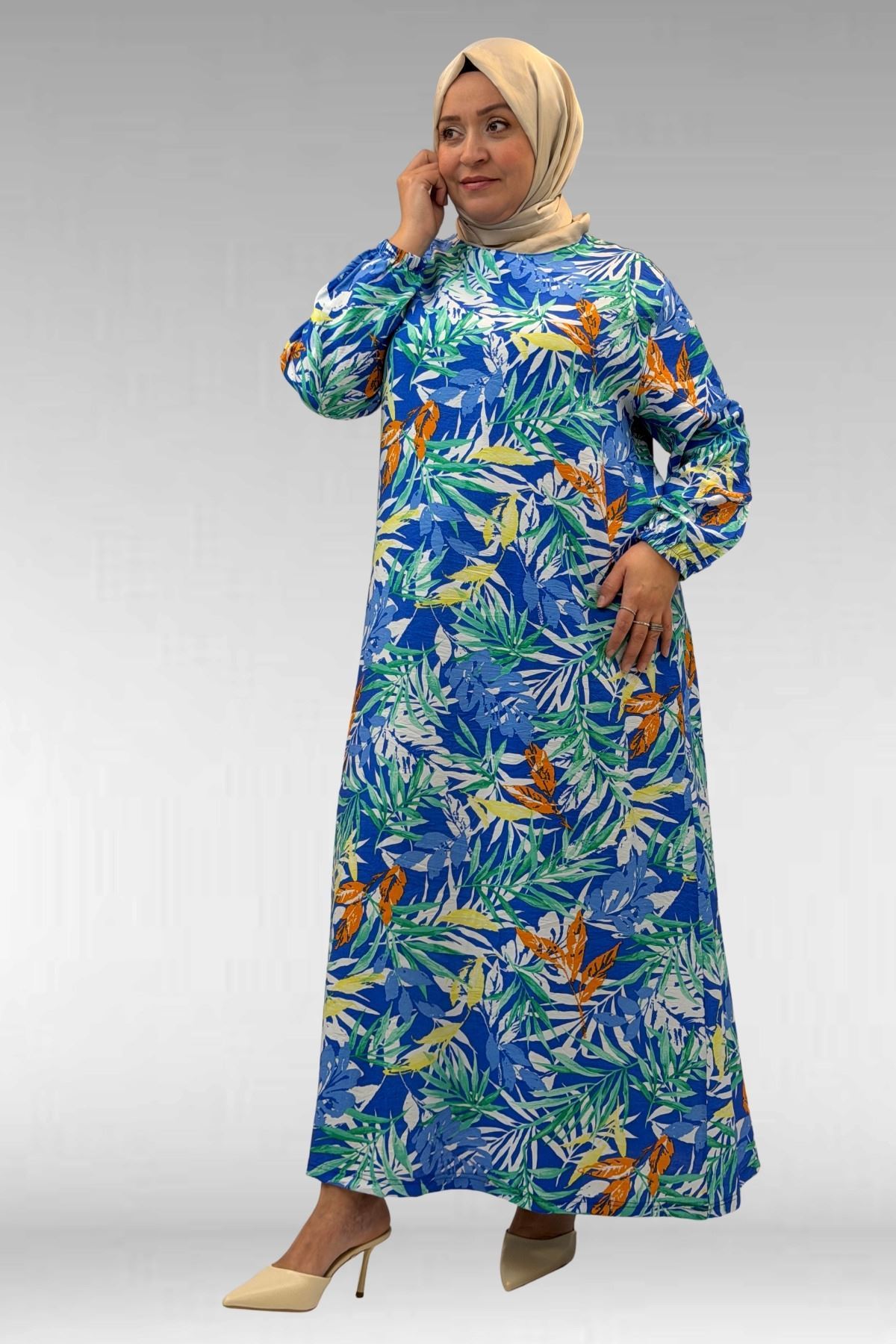 62007 Büyük Beden Kolu Lastikli Elbise - Desenli Saks