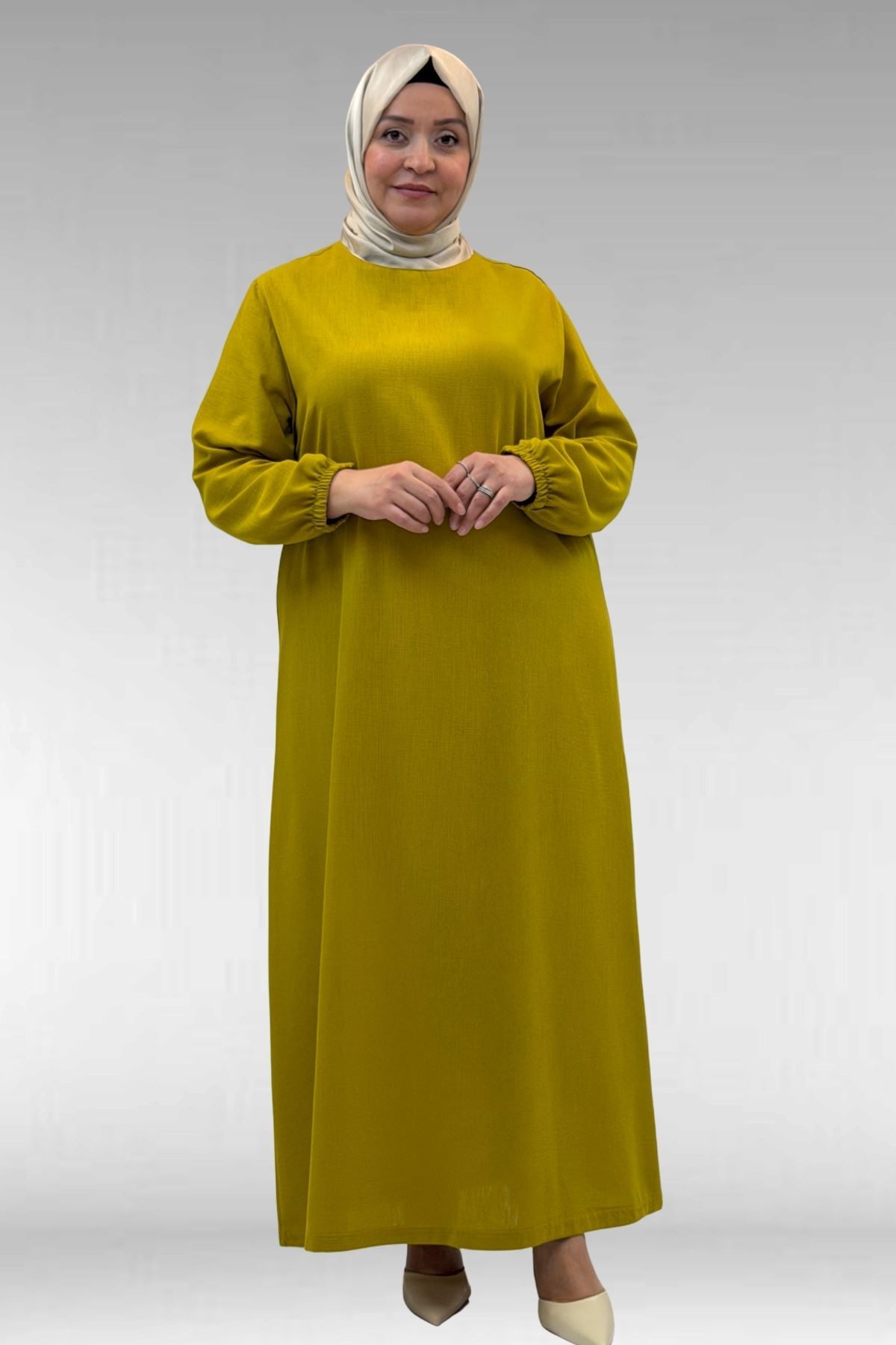 62007 Büyük Beden Kolu Lastikli Elbise - Yağ Yeşili