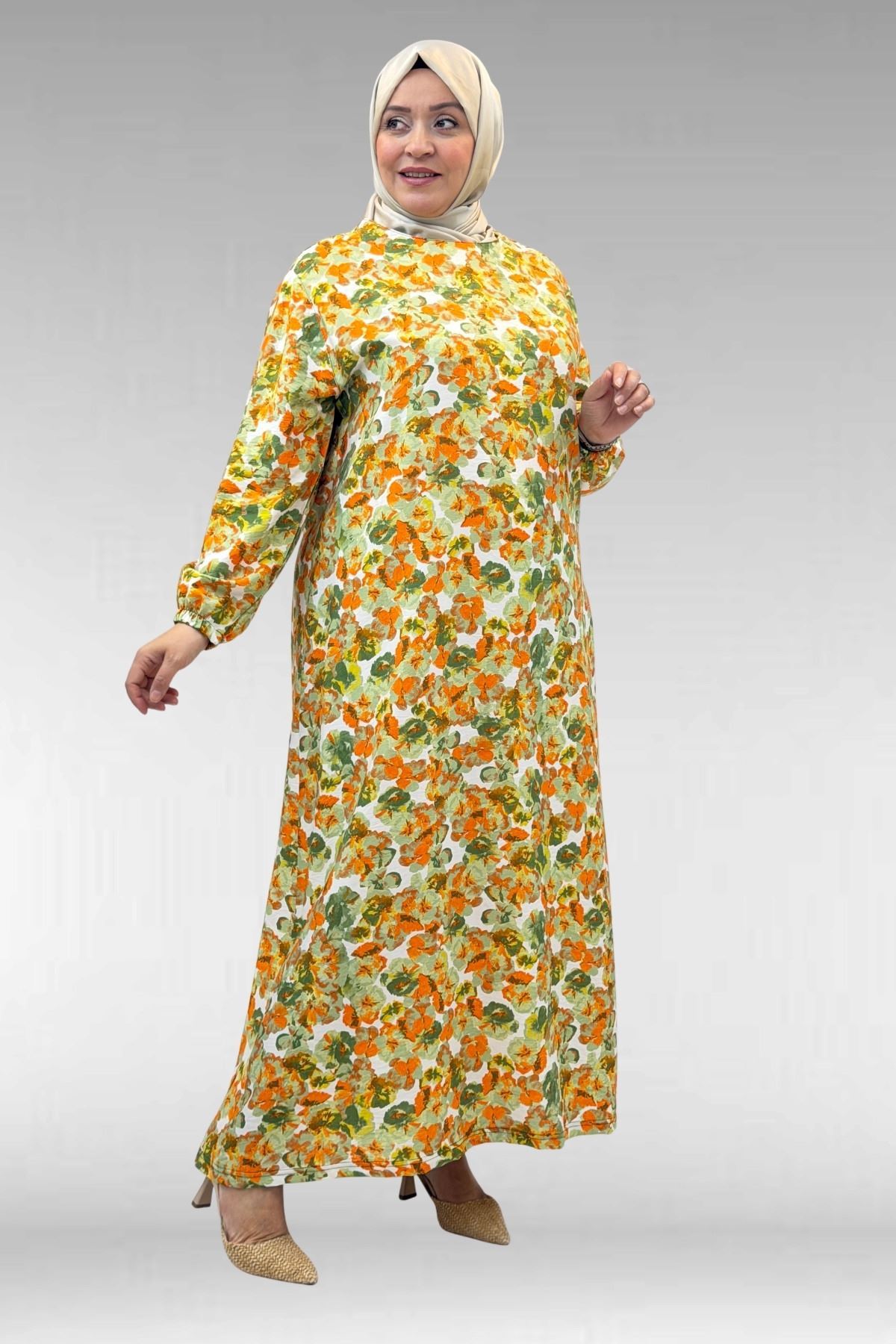 62007 Büyük Beden Kolu Lastikli Elbise - Çiçek Desen Yeşil