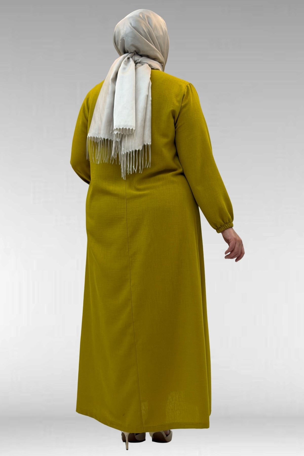 62007 Büyük Beden Kolu Lastikli Elbise - Yağ Yeşili