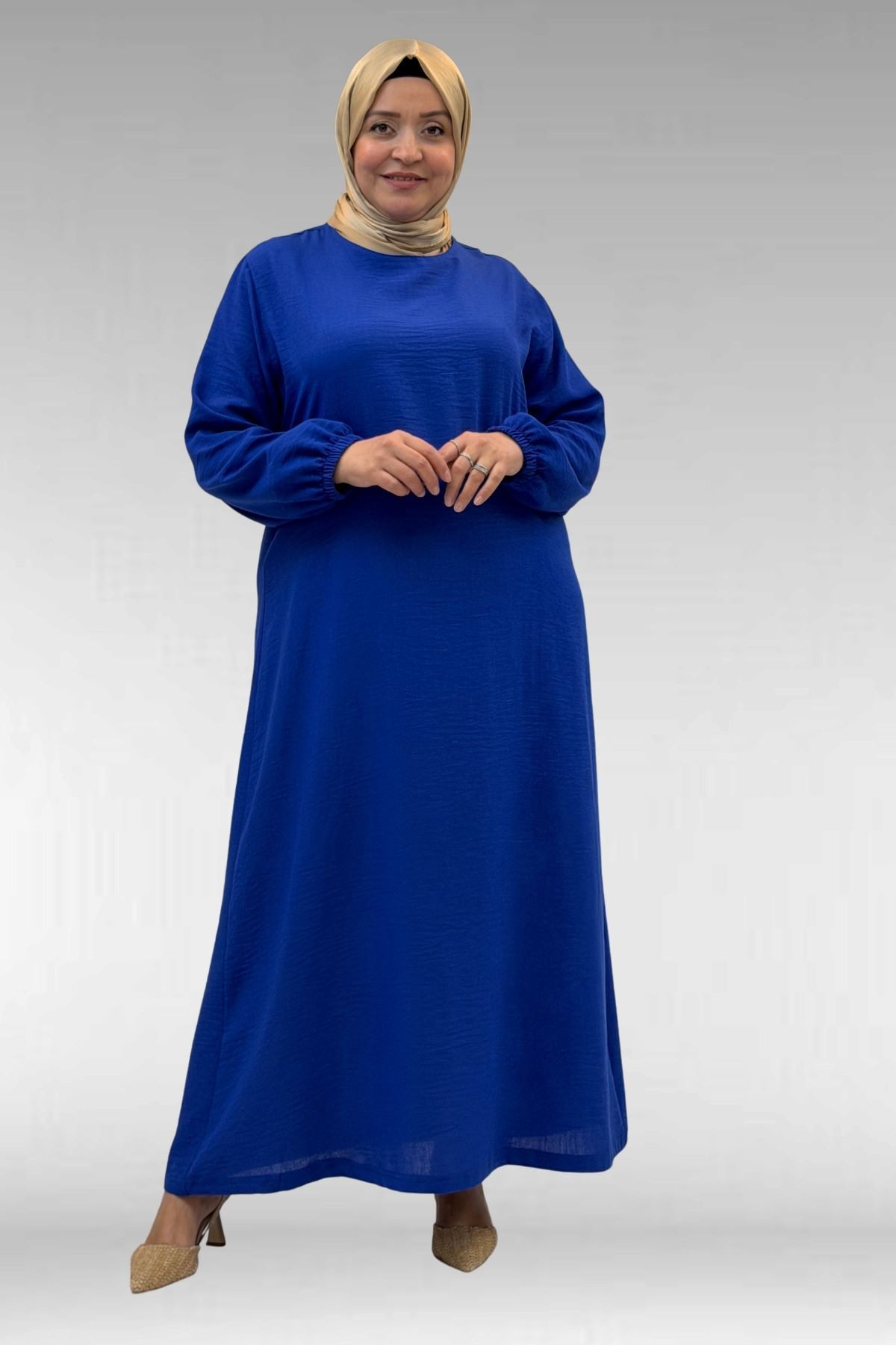 62007 Büyük Beden Kolu Lastikli Elbise - Saks