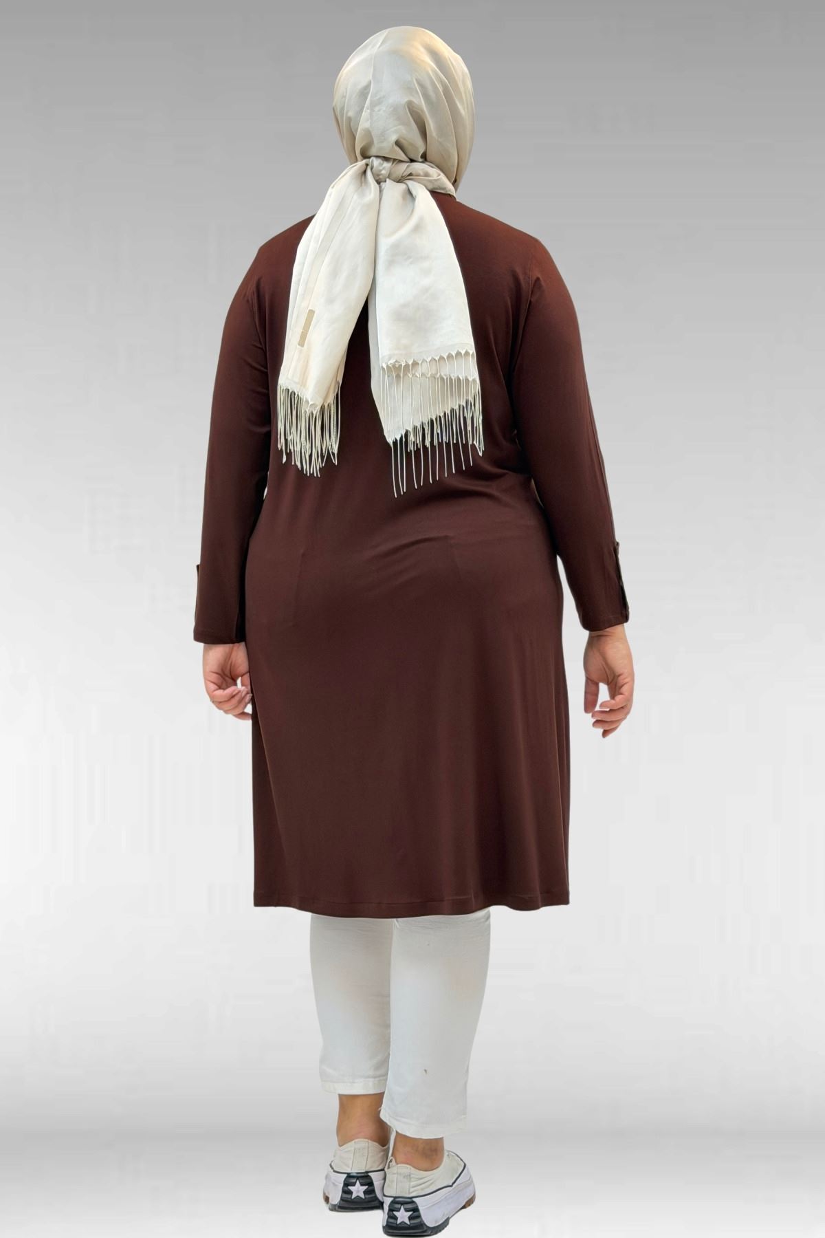 68029 Büyük Beden Yanları Kuşgözü Detaylı Penye Tunik - Kahve