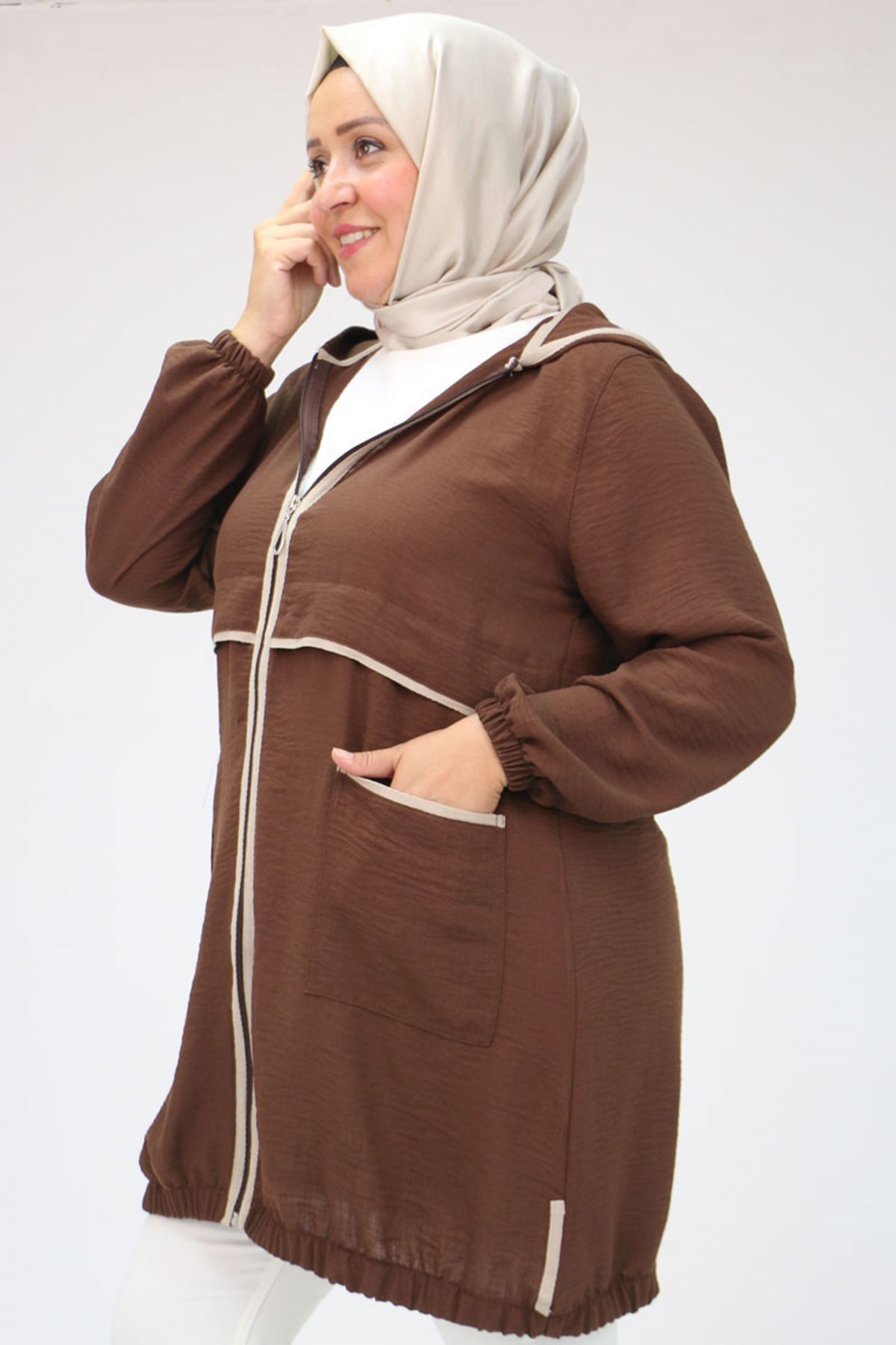 43032 Büyük Beden Biye Detaylı  Keten Kap - Kahve