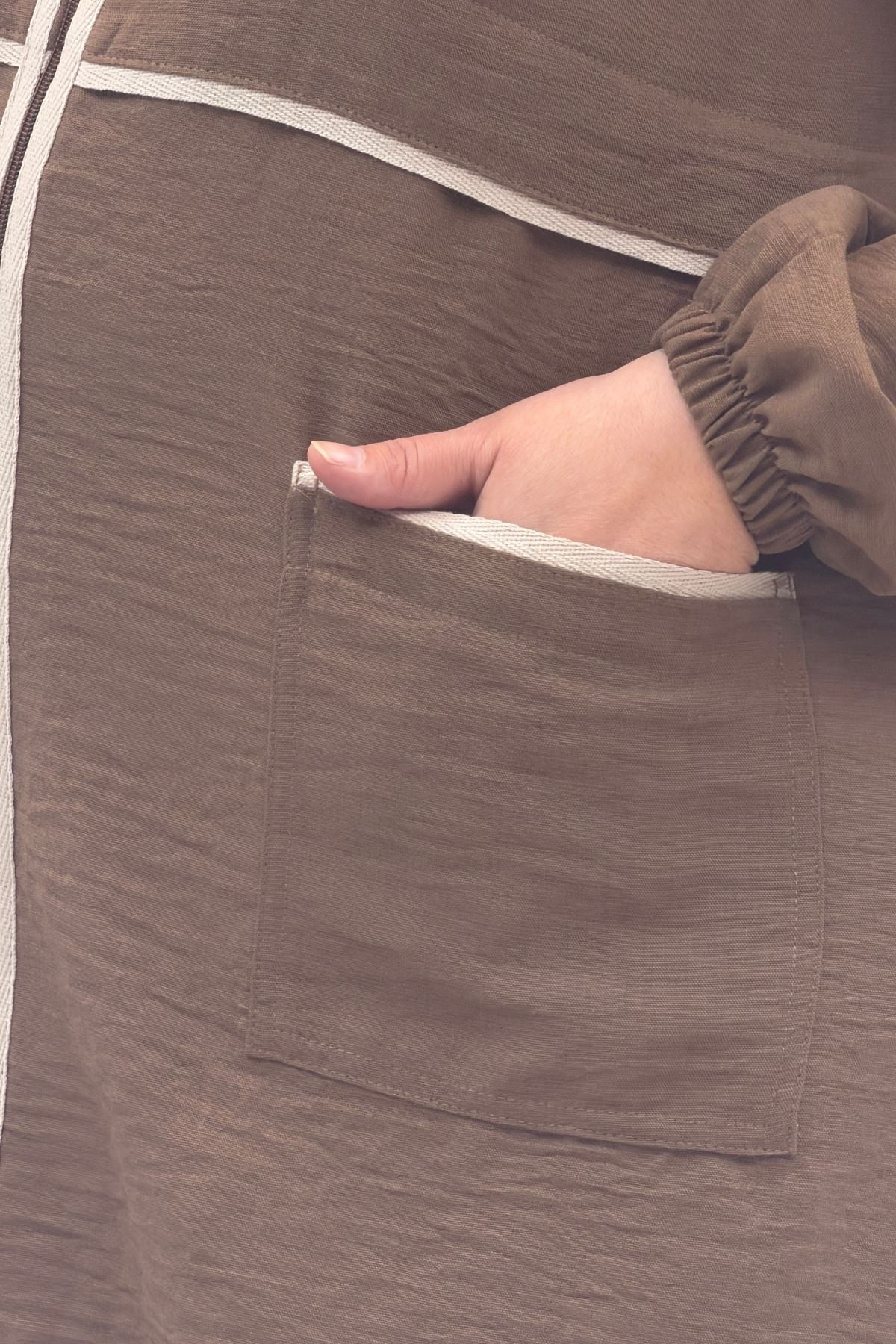 43032 Büyük Beden Biye Detaylı  Keten Kap - Vizon