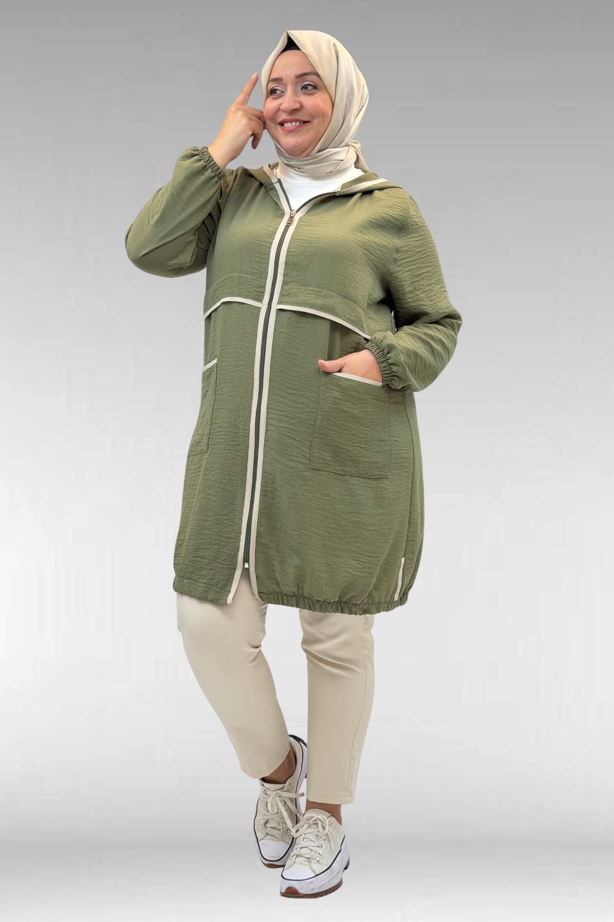 43032 Büyük Beden Biye Detaylı  Keten Kap - Haki