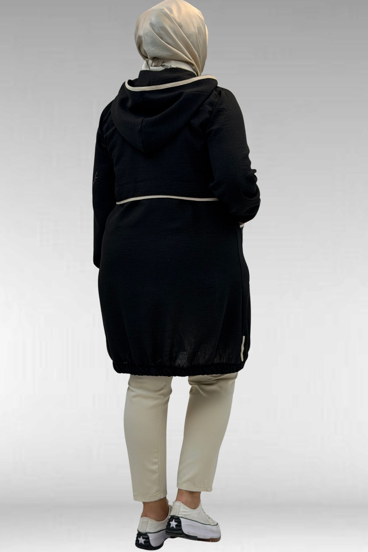 43032 Büyük Beden Biye Detaylı  Keten Kap - Siyah