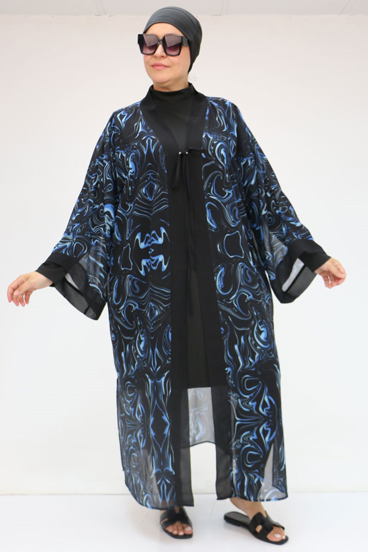 1735 Büyük Beden Garni Detaylı Pareo - Aqua Mavi